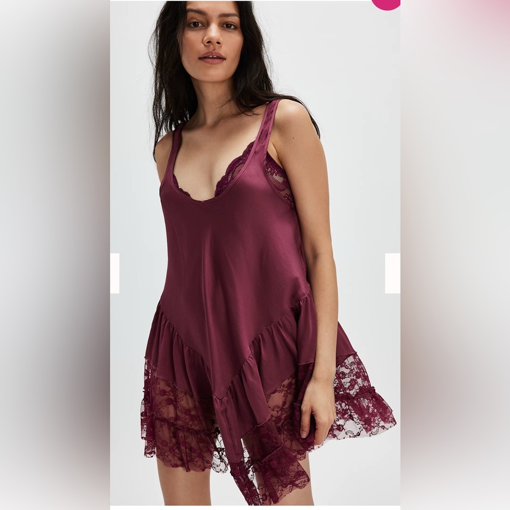 Free People S Young And In Love Mini Slip Dress Tunic Lace Satin Romantic Flowy